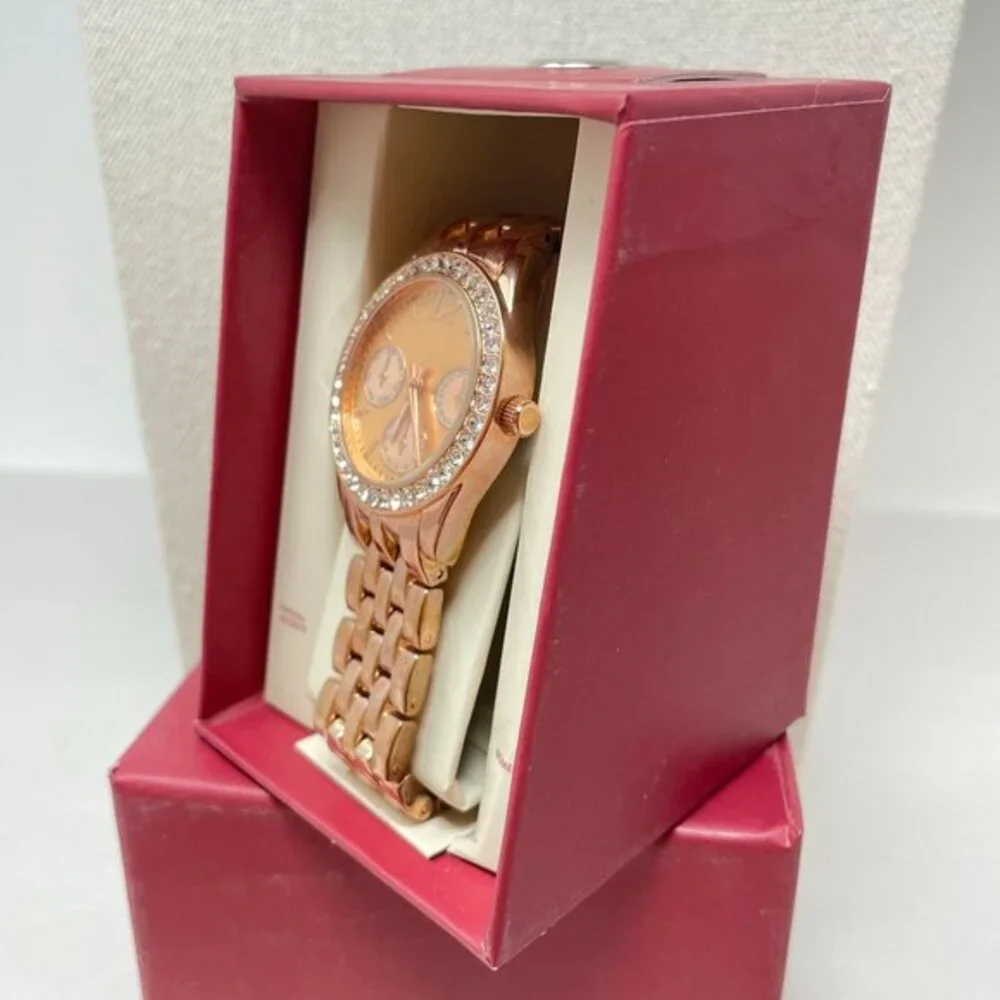 Merona Rose Gold-Tone‎ Crystal Inlay Analog Womens Watch New
